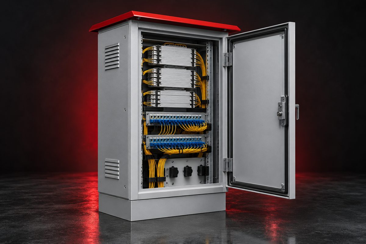 Outdoor ONU telecom cabinet with fibre splice trays and red canopy